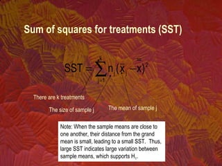 2
k
1j
jj
)xx(nSST ∑=
−=
There are k treatments
The size of sample j The mean of sample j
Sum of squares for treatments (SST)
Note: When the sample means are close to
one another, their distance from the grand
mean is small, leading to a small SST. Thus,
large SST indicates large variation between
sample means, which supports H1.
 