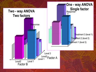 Factor A
Level 1Level2
Level 1
Factor B
Level 3
Two - way ANOVA
Two factors
Level2
One - way ANOVA
Single factor
Treatment 3 (level 1)
Response
Response
Treatment 1 (level 3)
Treatment 2 (level 2)
 
