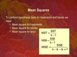 To perform hypothesis tests for treatments and blocks we
need
• Mean square for treatments
• Mean square for blocks
• Mean square for error
Mean Squares
1k
SST
MST
−
=
1b
SSB
MSB
−
=
1bkn
SSE
MSE
+−−
=
 