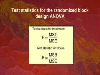 Test statistics for the randomized block
design ANOVA
MSE
MST
F =
MSE
MSB
F =
Test statistic for treatments
Test statistic for blocks
 
