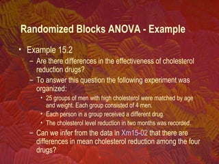 • Example 15.2
– Are there differences in the effectiveness of cholesterol
reduction drugs?
– To answer this question the following experiment was
organized:
• 25 groups of men with high cholesterol were matched by age
and weight. Each group consisted of 4 men.
• Each person in a group received a different drug.
• The cholesterol level reduction in two months was recorded.
– Can we infer from the data in Xm15-02 that there are
differences in mean cholesterol reduction among the four
drugs?
Randomized Blocks ANOVA - Example
 