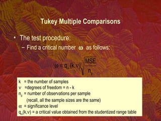 • The test procedure:
– Find a critical number ω as follows:
g
n
MSE
),k(q ν=ω α
k = the number of samples
ν =degrees of freedom = n - k
ng = number of observations per sample
(recall, all the sample sizes are the same)
α = significance level
qα(k,ν) = a critical value obtained from the studentized range table
Tukey Multiple Comparisons
 