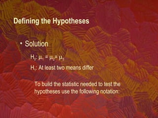 H0: µ1 = µ2= µ3
H1: At least two means differ
To build the statistic needed to test the
hypotheses use the following notation:
• Solution
Defining the Hypotheses
 