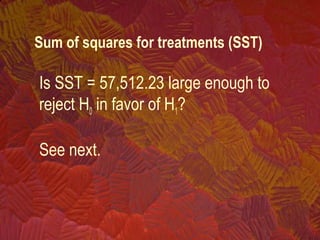 Is SST = 57,512.23 large enough to
reject H0 in favor of H1?
See next.
Sum of squares for treatments (SST)
 