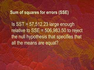 Is SST = 57,512.23 large enough
relative to SSE = 506,983.50 to reject
the null hypothesis that specifies that
all the means are equal?
Sum of squares for errors (SSE)
 