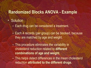 • Solution
– Each drug can be considered a treatment.
– Each 4 records (per group) can be blocked, because
they are matched by age and weight.
– This procedure eliminates the variability in
cholesterol reduction related to different
combinations of age and weight.
– This helps detect differences in the mean cholesterol
reduction attributed to the different drugs.
Randomized Blocks ANOVA - Example
 