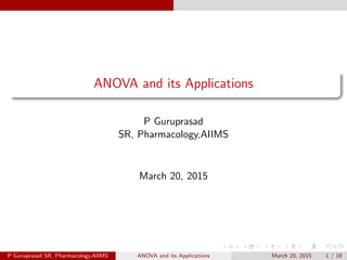 ANOVA and its Applications
P Guruprasad
SR, Pharmacology,AIIMS
March 20, 2015
P Guruprasad SR, Pharmacology,AIIMS ANOVA and its Applications March 20, 2015 1 / 18
 