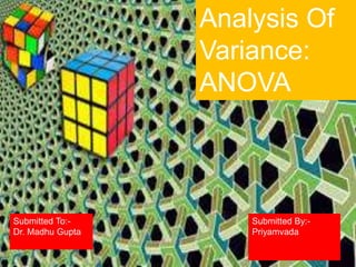 Analysis Of
Variance:
ANOVA
Submitted To:-
Dr. Madhu Gupta
Submitted By:-
Priyamvada
 