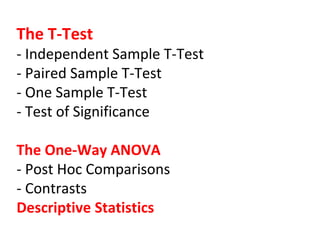 The T-Test
- Independent Sample T-Test
- Paired Sample T-Test
- One Sample T-Test
- Test of Significance
The One-Way ANOVA
- Post Hoc Comparisons
- Contrasts
Descriptive Statistics
 