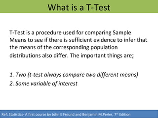 What is a T-Test
T-Test is a procedure used for comparing Sample
Means to see if there is sufficient evidence to infer that
the means of the corresponding population
distributions also differ. The important things are;
1. Two (t-test always compare two different means)
2. Some variable of interest
Ref: Statistics- A first course by John E Freund and Benjamin M.Perler, 7th
Edition
 