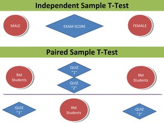 MALEMALE FEMALEFEMALEEXAM SCORE
Independent Sample T-Test
Paired Sample T-Test
RM
Students
RM
Students
RM
Students
RM
Students
QUIZ
”1”
QUIZ
”2”
QUIZ
”1”
QUIZ
”2”
RM
Students
RM
Students
 