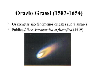 Orazio Grassi (1583-1654)
• Os cometas são fenômenos celestes supra lunares
• Publica Libra Astronomica et filosofica (1619)
 