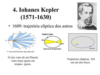 4. Iohanes Kepler
        (1571-1630)
• 1609: trajetória elíptica dos astros




O raio vetor de um Planeta
                                  Trajetórias elípticas, Sol
   varre áreas iguais em
                                     em um dos focos.
      tempos iguais.
 
