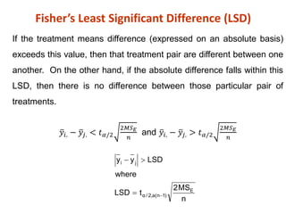 Fisher’s Least Significant Difference (LSD)
If the treatment means difference (expressed on an absolute basis)
exceeds this value, then that treatment pair are different between one
another. On the other hand, if the absolute difference falls within this
LSD, then there is no difference between those particular pair of
treatments.
ത
𝑦𝑖. − ത
𝑦𝑗. < 𝑡𝛼/2
2𝑀𝑆𝐸
𝑛
and ത
𝑦𝑖. − ത
𝑦𝑗. > 𝑡𝛼/2
2𝑀𝑆𝐸
𝑛
n
MS
2
t
LSD
where
LSD
y
y
E
)
1
n
(
a
,
2
/
α
j
i




 