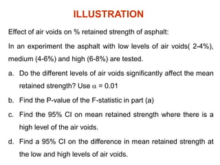 ILLUSTRATION
Effect of air voids on % retained strength of asphalt:
In an experiment the asphalt with low levels of air voids( 2-4%),
medium (4-6%) and high (6-8%) are tested.
a. Do the different levels of air voids significantly affect the mean
retained strength? Use  = 0.01
b. Find the P-value of the F-statistic in part (a)
c. Find the 95% CI on mean retained strength where there is a
high level of the air voids.
d. Find a 95% CI on the difference in mean retained strength at
the low and high levels of air voids.
 