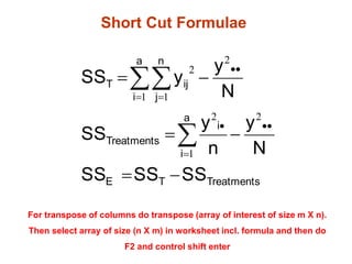 Short Cut Formulae
For transpose of columns do transpose (array of interest of size m X n).
Then select array of size (n X m) in worksheet incl. formula and then do
F2 and control shift enter
Treatments
T
E
a
i
i
Treatments
a
i
n
j
ij
T
SS
SS
SS
N
y
n
y
SS
N
y
y
SS












 


2
1
2
2
1 1
2
 