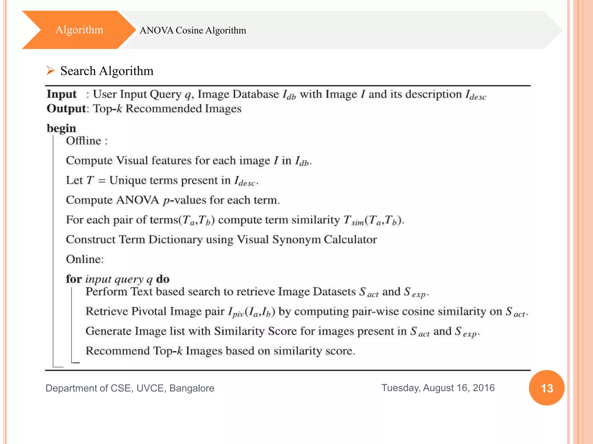 13Tuesday, August 16, 2016Department of CSE, UVCE, Bangalore
ANOVA Cosine AlgorithmAlgorithm
 Search Algorithm
 