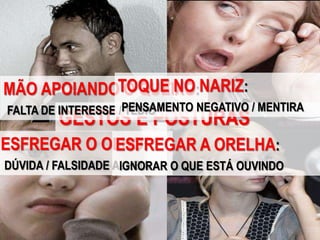 GESTOS E POSTURAS
MÃO APOIANDO O QUEIXO:
FALTA DE INTERESSE / TÉDIO
TOQUE NO NARIZ:
PENSAMENTO NEGATIVO / MENTIRA
ESFREGAR O OLHO:
DÚVIDA / FALSIDADE ALHEIA
ESFREGAR A ORELHA:
IGNORAR O QUE ESTÁ OUVINDO
 