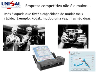 Empresa competitiva não é a maior...
Mas é aquela que tiver a capacidade de mudar mais
rápido. Exemplo: Kodak; mudou uma vez; mas não duas.
 