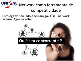 Network como ferramenta de
competitividade
O colega do seu lado é seu amigo? É seu network
valioso. Agradeça-lhe ...
Ou é seu concorrente ?
 