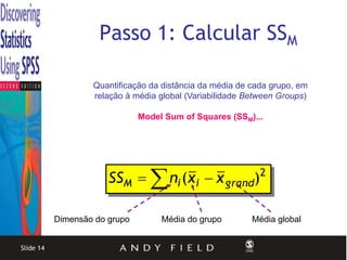 Passo 1: Calcular SSM

                   Quantificação da distância da média de cada grupo, em
                   relação à média global (Variabilidade Between Groups)

                               Model Sum of Squares (SSM)...




                       SSM   ni (xi  x grand)2

           Dimensão do grupo        Média do grupo        Média global


Slide 14
 