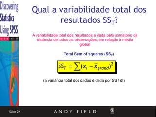 Qual a variabilidade total dos
                  resultados SST?
           A variabilidade total dos resultados é dada pelo somatório da
              distância de todos as observações, em relação à média
                                        global

                             Total Sum of squares (SST)


                         SST  (xi  x grand)2

                 (a variância total dos dados é dada por SS / df)




Slide 29
 