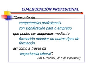 “ Conxunto de  competencias profesionais  con significación para o emprego   que poden ser adquiridas mediante  formación modular  ou  outros tipos de  formación ,  así como  a través da   lexperiencia laboral ” .  (RD   1128/2003  ,  de 5 de sept i embre) CUALIFICACIÓN PROFESIONAL 