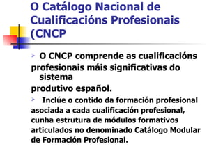 O Catálogo Nacional de Cualificacións Profesionais (CNCP O CNCP comprende as cualificacións profesionais máis significativas do sistema produtivo español. Inclúe o contido da formación profesional asociada a cada cualificación profesional, cunha estrutura de módulos formativos articulados no denominado Catálogo Modular de Formación Profesional. 