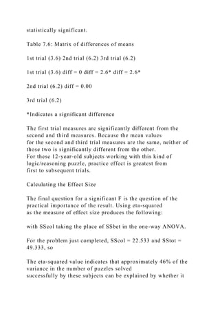 statistically significant.
Table 7.6: Matrix of differences of means
1st trial (3.6) 2nd trial (6.2) 3rd trial (6.2)
1st trial (3.6) diff = 0 diff = 2.6* diff = 2.6*
2nd trial (6.2) diff = 0.00
3rd trial (6.2)
*Indicates a significant difference
The first trial measures are significantly different from the
second and third measures. Because the mean values
for the second and third trial measures are the same, neither of
those two is significantly different from the other.
For these 12-year-old subjects working with this kind of
logic/reasoning puzzle, practice effect is greatest from
first to subsequent trials.
Calculating the Effect Size
The final question for a significant F is the question of the
practical importance of the result. Using eta-squared
as the measure of effect size produces the following:
with SScol taking the place of SSbet in the one-way ANOVA.
For the problem just completed, SScol = 22.533 and SStot =
49.333, so
The eta-squared value indicates that approximately 46% of the
variance in the number of puzzles solved
successfully by these subjects can be explained by whether it
 