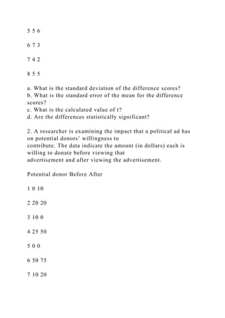5 5 6
6 7 3
7 4 2
8 5 5
a. What is the standard deviation of the difference scores?
b. What is the standard error of the mean for the difference
scores?
c. What is the calculated value of t?
d. Are the differences statistically significant?
2. A researcher is examining the impact that a political ad has
on potential donors’ willingness to
contribute. The data indicate the amount (in dollars) each is
willing to donate before viewing that
advertisement and after viewing the advertisement.
Potential donor Before After
1 0 10
2 20 20
3 10 0
4 25 50
5 0 0
6 50 75
7 10 20
 