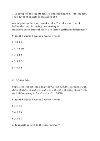 7. A group of nursing students is approaching the licensing test.
Their level of anxiety is measured at 8
weeks prior to the test, then 4 weeks, 2 weeks, and 1 week
before the test. Assuming that anxiety is
measured on an interval scale, are there significant differences?
Student 8 weeks 4 weeks 2 weeks 1 week
1 5 8 9 9
2 4 7 8 10
3 4 4 4 5
4 2 3 5 5
5 4 6 6 8
9/10/2019 Print
https://content.ashford.edu/print/AUPSY325.16.1?sections=ch6,
ch6sec1,ch6sec2,ch6sec3,ch6sec4,ch6sec5,ch6sec6,ch6sec7,ch6
sec8,ch6summary,ch7,ch7sec1,ch7… 74/76
Student 8 weeks 4 weeks 2 weeks 1 week
6 3 5 7 9
7 4 5 5 4
8 2 3 6 7
a. Is anxiety related to the time interval?
 