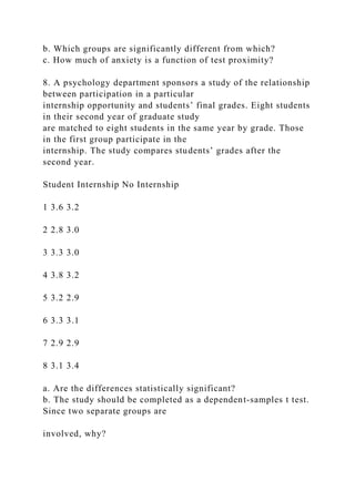 b. Which groups are significantly different from which?
c. How much of anxiety is a function of test proximity?
8. A psychology department sponsors a study of the relationship
between participation in a particular
internship opportunity and students’ final grades. Eight students
in their second year of graduate study
are matched to eight students in the same year by grade. Those
in the first group participate in the
internship. The study compares students’ grades after the
second year.
Student Internship No Internship
1 3.6 3.2
2 2.8 3.0
3 3.3 3.0
4 3.8 3.2
5 3.2 2.9
6 3.3 3.1
7 2.9 2.9
8 3.1 3.4
a. Are the differences statistically significant?
b. The study should be completed as a dependent-samples t test.
Since two separate groups are
involved, why?
 