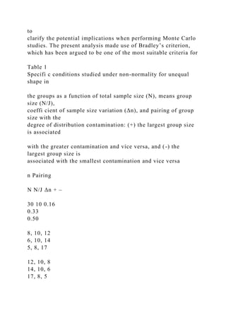 to
clarify the potential implications when performing Monte Carlo
studies. The present analysis made use of Bradley’s criterion,
which has been argued to be one of the most suitable criteria for
Table 1
Specifi c conditions studied under non-normality for unequal
shape in
the groups as a function of total sample size (N), means group
size (N/J),
coeffi cient of sample size variation (Δn), and pairing of group
size with the
degree of distribution contamination: (+) the largest group size
is associated
with the greater contamination and vice versa, and (-) the
largest group size is
associated with the smallest contamination and vice versa
n Pairing
N N/J Δn + –
30 10 0.16
0.33
0.50
8, 10, 12
6, 10, 14
5, 8, 17
12, 10, 8
14, 10, 6
17, 8, 5
 