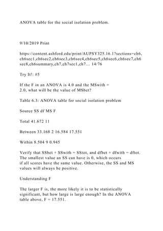 ANOVA table for the social isolation problem.
9/10/2019 Print
https://content.ashford.edu/print/AUPSY325.16.1?sections=ch6,
ch6sec1,ch6sec2,ch6sec3,ch6sec4,ch6sec5,ch6sec6,ch6sec7,ch6
sec8,ch6summary,ch7,ch7sec1,ch7… 14/76
Try It!: #5
If the F in an ANOVA is 4.0 and the MSwith =
2.0, what will be the value of MSbet?
Table 6.3: ANOVA table for social isolation problem
Source SS df MS F
Total 41.672 11
Between 33.168 2 16.584 17.551
Within 8.504 9 0.945
Verify that SSbet + SSwith = SStot, and dfbet + dfwith = dftot.
The smallest value an SS can have is 0, which occurs
if all scores have the same value. Otherwise, the SS and MS
values will always be positive.
Understanding F
The larger F is, the more likely it is to be statistically
significant, but how large is large enough? In the ANOVA
table above, F = 17.551.
 