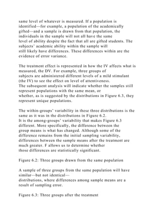 same level of whatever is measured. If a population is
identified—for example, a population of the academically
gifted—and a sample is drawn from that population, the
individuals in the sample will not all have the same
level of ability despite the fact that all are gifted students. The
subjects’ academic ability within the sample will
still likely have differences. These differences within are the
evidence of error variance.
The treatment effect is represented in how the IV affects what is
measured, the DV. For example, three groups of
subjects are administered different levels of a mild stimulant
(the IV) to see the effect on level of attentiveness.
The subsequent analysis will indicate whether the samples still
represent populations with the same mean, or
whether, as is suggested by the distributions in Figure 6.3, they
represent unique populations.
The within-groups’ variability in these three distributions is the
same as it was in the distributions in Figure 6.2.
It is the among-groups’ variability that makes Figure 6.3
different. More specifically, the difference between the
group means is what has changed. Although some of the
difference remains from the initial sampling variability,
differences between the sample means after the treatment are
much greater. F allows us to determine whether
those differences are statistically significant.
Figure 6.2: Three groups drawn from the same population
A sample of three groups from the same population will have
similar—but not identical—
distributions, where differences among sample means are a
result of sampling error.
Figure 6.3: Three groups after the treatment
 