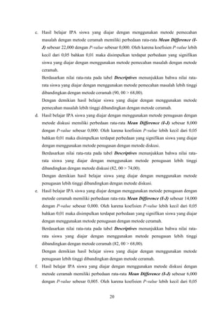 c. Hasil belajar IPA siswa yang diajar dengan menggunakan metode pemecahan
masalah dengan metode ceramah memiliki perbedaan rata-rata Mean Difference (IJ) sebesar 22,000 dengan P-value sebesar 0,000. Oleh karena koefisien P-value lebih
kecil dari 0,05 bahkan 0,01 maka disimpulkan terdapat perbedaan yang signifikan
siswa yang diajar dengan menggunakan metode pemecahan masalah dengan metode
ceramah.
Berdasarkan nilai rata-rata pada tabel Descriptives menunjukkan bahwa nilai ratarata siswa yang diajar dengan menggunakan metode pemecahan masalah lebih tinggi
dibandingkan dengan metode ceramah (90, 00 > 68,00).
Dengan demikian hasil belajar siswa yang diajar dengan menggunakan metode
pemecahan masalah lebih tinggi dibandingkan dengan metode ceramah.
d. Hasil belajar IPA siswa yang diajar dengan menggunakan metode penugasan dengan
metode diskusi memiliki perbedaan rata-rata Mean Difference (I-J) sebesar 8,000
dengan P-value sebesar 0,000. Oleh karena koefisien P-value lebih kecil dari 0,05
bahkan 0,01 maka disimpulkan terdapat perbedaan yang signifikan siswa yang diajar
dengan menggunakan metode penugasan dengan metode diskusi.
Berdasarkan nilai rata-rata pada tabel Descriptives menunjukkan bahwa nilai ratarata siswa yang diajar dengan menggunakan metode penugasan lebih tinggi
dibandingkan dengan metode diskusi (82, 00 > 74,00).
Dengan demikian hasil belajar siswa yang diajar dengan menggunakan metode
penugasan lebih tinggi dibandingkan dengan metode diskusi.
e. Hasil belajar IPA siswa yang diajar dengan menggunakan metode penugasan dengan
metode ceramah memiliki perbedaan rata-rata Mean Difference (I-J) sebesar 14,000
dengan P-value sebesar 0,000. Oleh karena koefisien P-value lebih kecil dari 0,05
bahkan 0,01 maka disimpulkan terdapat perbedaan yang signifikan siswa yang diajar
dengan menggunakan metode penugasan dengan metode ceramah.
Berdasarkan nilai rata-rata pada tabel Descriptives menunjukkan bahwa nilai ratarata siswa yang diajar dengan menggunakan metode penugasan lebih tinggi
dibandingkan dengan metode ceramah (82, 00 > 68,00).
Dengan demikian hasil belajar siswa yang diajar dengan menggunakan metode
penugasan lebih tinggi dibandingkan dengan metode ceramah.
f. Hasil belajar IPA siswa yang diajar dengan menggunakan metode diskusi dengan
metode ceramah memiliki perbedaan rata-rata Mean Difference (I-J) sebesar 6,000
dengan P-value sebesar 0,005. Oleh karena koefisien P-value lebih kecil dari 0,05
20

 