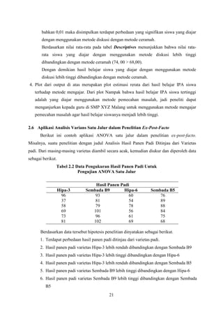 bahkan 0,01 maka disimpulkan terdapat perbedaan yang signifikan siswa yang diajar
dengan menggunakan metode diskusi dengan metode ceramah.
Berdasarkan nilai rata-rata pada tabel Descriptives menunjukkan bahwa nilai ratarata siswa yang diajar dengan menggunakan metode diskusi lebih tinggi
dibandingkan dengan metode ceramah (74, 00 > 68,00).
Dengan demikian hasil belajar siswa yang diajar dengan menggunakan metode
diskusi lebih tinggi dibandingkan dengan metode ceramah.
4. Plot dari output di atas merupakan plot estimasi rerata dari hasil belajar IPA siswa
terhadap metode mengajar. Dari plot Nampak bahwa hasil belajar IPA siswa tertinggi
adalah yang diajar menggunakan metode pemecahan masalah, jadi peneliti dapat
menganjurkan kepada guru di SMP XYZ Malang untuk menggunakan metode mengajar
pemecahan masalah agar hasil belajar siswanya menjadi lebih tinggi.
2.6 Aplikasi Analisis Varians Satu Jalur dalam Penelitian Ex-Post-Facto
Berikut ini contoh aplikasi ANOVA satu jalur dalam penelitian ex-post-facto.
Misalnya, suatu penelitian dengan judul Analisis Hasil Panen Padi Ditinjau dari Varietas
padi. Dari masing-masing varietas diambil secara acak, kemudian diukur dan diperoleh data
sebagai berikut.
Tabel 2.2 Data Pengukuran Hasil Panen Padi Untuk
Pengujian ANOVA Satu Jalur

Hipa-3
96
37
58
69
73
81

Hasil Panen Padi
Sembada B9
Hipa-6
93
60
81
54
79
78
101
56
96
61
102
69

Sembada B5
76
89
88
84
75
68

Berdasarkan data tersebut hipotesis penelitian dinyatakan sebagai berikut.
1. Terdapat perbedaan hasil panen padi ditinjau dari varietas padi.
2. Hasil panen padi varietas Hipa-3 lebih rendah dibandingkan dengan Sembada B9
3. Hasil panen padi varietas Hipa-3 lebih tinggi dibandingkan dengan Hipa-6
4. Hasil panen padi varietas Hipa-3 lebih rendah dibandingkan dengan Sembada B5
5. Hasil panen padi varietas Sembada B9 lebih tinggi dibandingkan dengan Hipa-6
6. Hasil panen padi varietas Sembada B9 lebih tinggi dibandingkan dengan Sembada
B5
21

 