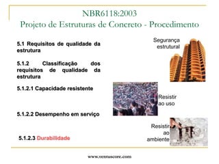 www.ventuscore.comNBR6118:2003Projeto de Estruturas de Concreto - ProcedimentoSegurança estruturalResistir ao usoResistir ao ambiente5.1 Requisitos de qualidade da estrutura5.1.2 Classificação dos requisitos de qualidade da estrutura5.1.2.1 Capacidade resistente5.1.2.2 Desempenho em serviço5.1.2.3 Durabilidade