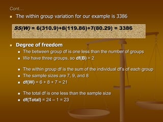 Cont…
 The within group variation for our example is 3386
 Degree of freedom
 The between group df is one less than the number of groups
 We have three groups, so df(B) = 2
 The within group df is the sum of the individual df‘s of each group
 The sample sizes are 7, 9, and 8
 df(W) = 6 + 8 + 7 = 21
 The total df is one less than the sample size
 df(Total) = 24 – 1 = 23
SS(W) = 6(310.9)+8(119.86)+7(80.29) = 3386
 