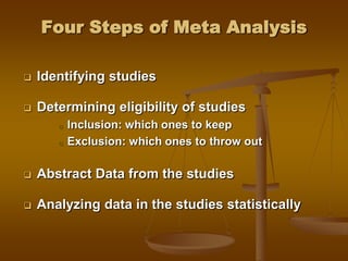 Four Steps of Meta Analysis
 Identifying studies
 Determining eligibility of studies
o Inclusion: which ones to keep
o Exclusion: which ones to throw out
 Abstract Data from the studies
 Analyzing data in the studies statistically
 