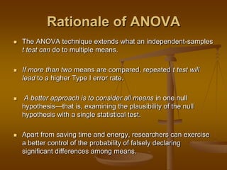Rationale of ANOVA
 The ANOVA technique extends what an independent-samples
t test can do to multiple means.
 If more than two means are compared, repeated t test will
lead to a higher Type I error rate.
 A better approach is to consider all means in one null
hypothesis—that is, examining the plausibility of the null
hypothesis with a single statistical test.
 Apart from saving time and energy, researchers can exercise
a better control of the probability of falsely declaring
significant differences among means.
 
