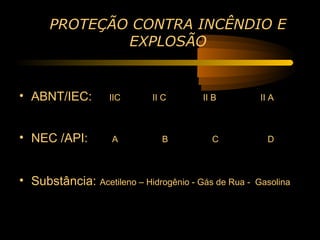 PROTEÇÃO CONTRA INCÊNDIO E
              EXPLOSÃO


• ABNT/IEC:        IIC       II C       II B           II A



• NEC /API:         A          B          C              D



• Substância: Acetileno – Hidrogênio - Gás de Rua -   Gasolina
 