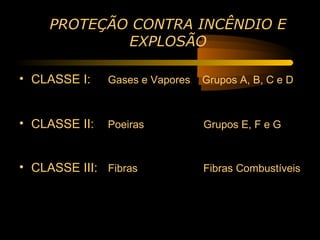PROTEÇÃO CONTRA INCÊNDIO E
             EXPLOSÃO

• CLASSE I:    Gases e Vapores   Grupos A, B, C e D



• CLASSE II:   Poeiras           Grupos E, F e G



• CLASSE III: Fibras             Fibras Combustíveis
 