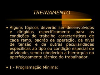 TREINAMENTO

• Alguns tópicos deverão ser desenvolvidos
  e dirigidos especificamente para as
  condições de trabalho características de
  cada ramo, padrão de operação, de nível
  de tensão e de outras peculiaridades
  específicas ao tipo ou condição especial de
  atividade, sendo obedecida a hierarquia no
  aperfeiçoamento técnico do trabalhador.

• I - Programação Mínima:
 