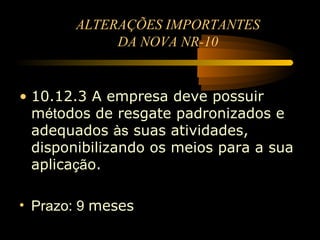 ALTERAÇÕES IMPORTANTES
            DA NOVA NR-10


• 10.12.3 A empresa deve possuir
  métodos de resgate padronizados e
  adequados às suas atividades,
  disponibilizando os meios para a sua
  aplicação.

• Prazo: 9 meses
 