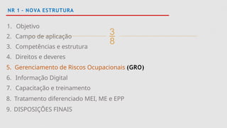 
NR 1 – NOVA ESTRUTURA
1. Objetivo
2. Campo de aplicação
3. Competências e estrutura
4. Direitos e deveres
5. Gerenciamento de Riscos Ocupacionais (GRO)
6. Informação Digital
7. Capacitação e treinamento
8. Tratamento diferenciado MEI, ME e EPP
9. DISPOSIÇÕES FINAIS
 