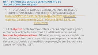 
NR 1 – DISPOSIÇÕES GERAIS E GERENCIAMENTO DE
RISCOS OCUPACIONAIS (GRO)
NR-1 - DISPOSIÇÕES GERAIS E GERENCIAMENTO DE RISCOS
OCUPACIONAIS (LINK NOVO TEXTO) (Última modificação:
Portaria SEPRT nº 6.730, de 9 de março de 2020.) (Início de
vigência: 03 de janeiro de 2022 - Portaria SEPRT 8.873, de
23/07/2021)
1.1.1 O objetivo desta Norma é estabelecer as disposições gerais,
o campo de aplicação, os termos e as definições comuns às
Normas Regulamentadoras - NR relativas a segurança e saúde no
trabalho e as diretrizes e os requisitos para o gerenciamento de
riscos ocupacionais e as medidas de prevenção em Segurança e
Saúde no Trabalho - SST.
 