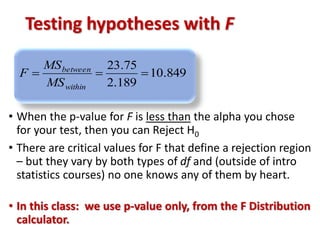 Testing hypotheses with F 
10.849 
23.75 
between 
MS 
   
2.189 
within 
MS 
F 
• When the p-value for F is less than the alpha you chose 
for your test, then you can Reject H0 
• There are critical values for F that define a rejection region 
– but they vary by both types of df and (outside of intro 
statistics courses) no one knows any of them by heart. 
• In this class: we use p-value only, from the F Distribution 
calculator. 
 