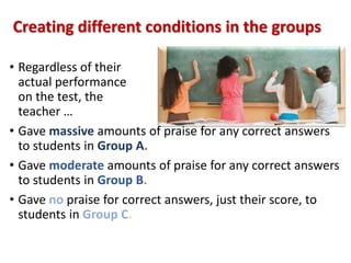 Creating different conditions in the groups 
• Regardless of their 
actual performance 
on the test, the 
teacher … 
• Gave massive amounts of praise for any correct answers 
to students in Group A. 
• Gave moderate amounts of praise for any correct answers 
to students in Group B. 
• Gave no praise for correct answers, just their score, to 
students in Group C. 
 