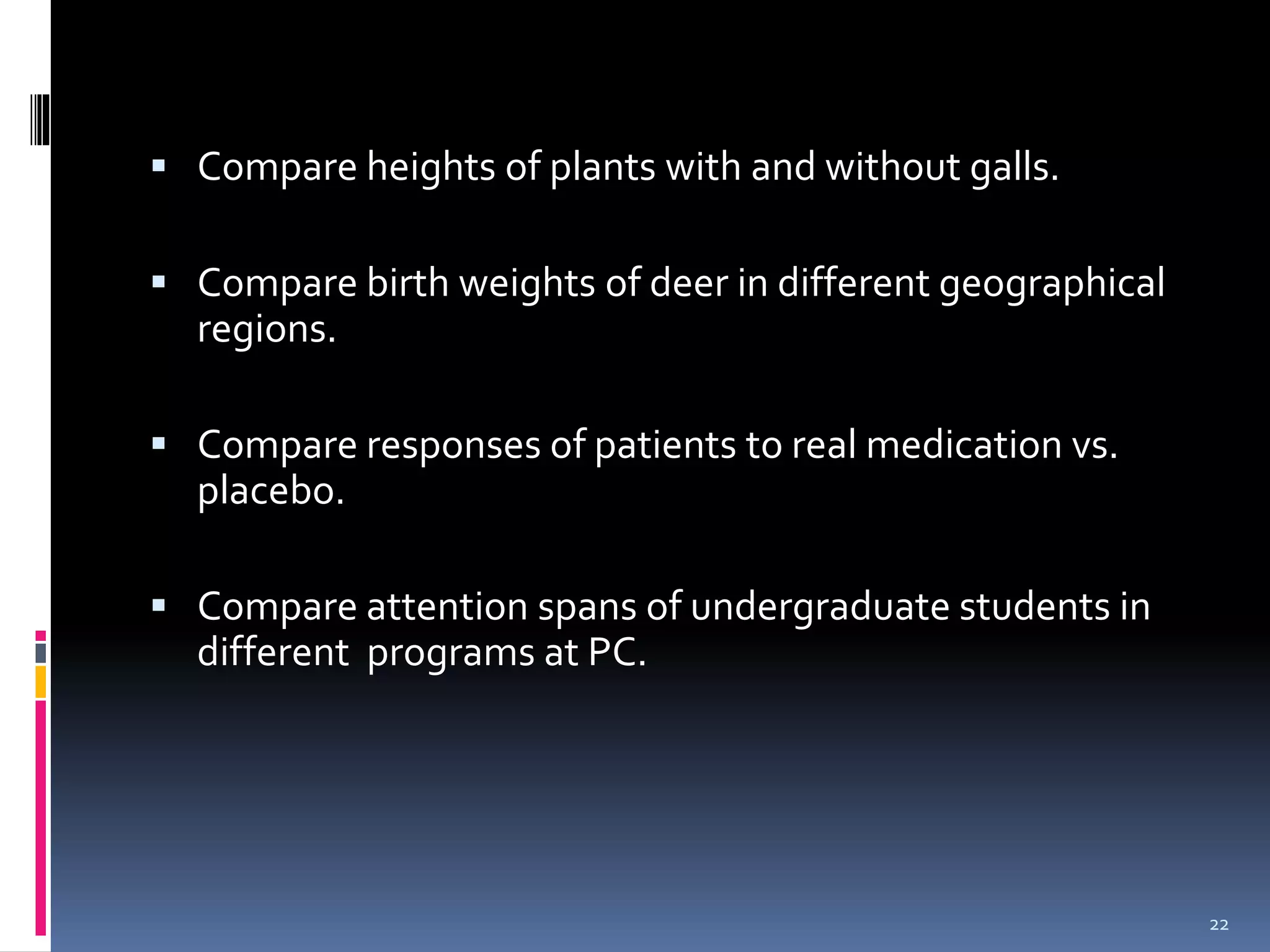  Compare heights of plants with and without galls. 
 Compare birth weights of deer in different geographical 
regions. 
 Compare responses of patients to real medication vs. 
placebo. 
 Compare attention spans of undergraduate students in 
different programs at PC. 
22 
 